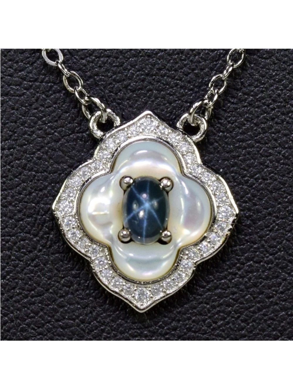 Genuine 6 Ray Blue Star Sapphire & Mother of Pearl 925 SS Necklace 17.75"